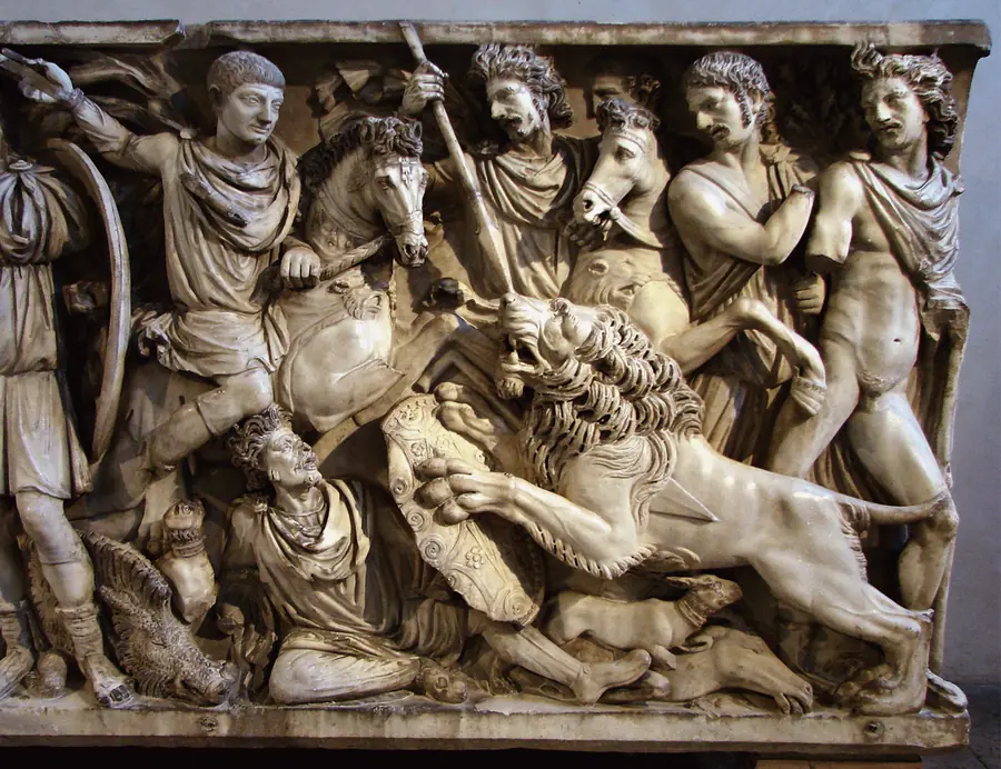 Sarcophage de Jovin au musée Saint-Remi de Reims, scène de chasse au lion